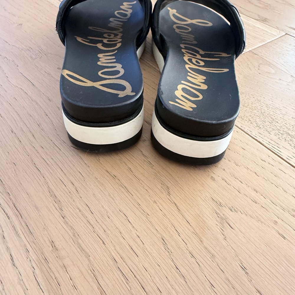 Sam Edelman Black Woven Slide Sandals with Gold Logo - Picture 2 of 5